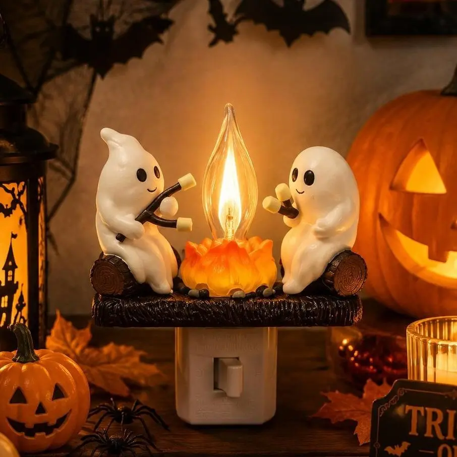 Ghost Campfire Night Light, Plug in Wall Night Light with Flickering Flame, 3D Marshmallow Ghost Halloween Decor, Cute Nightlight for Bedroom, Kids Room, Home, Spooky Season Decoration