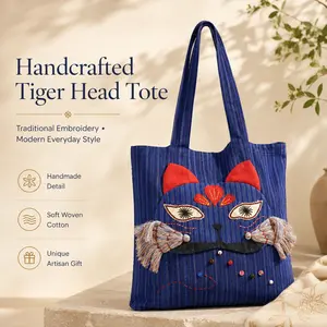 Handmade Patchwork Tiger Face Tote Bag for Daily Wear Vintage Striped Cloth Shoulder Bag with Embroidery