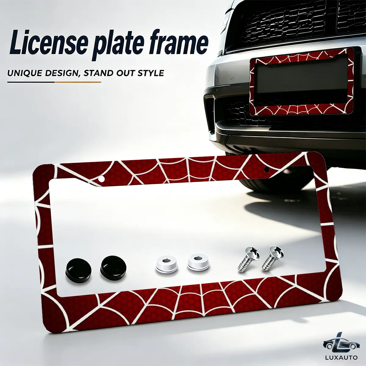 Red Spider Web License Plate Frame, Decorative Aluminum Car Tag Holder with Screws & Caps, Universal 12.2 x 6.3 Inch Metal Plate Frame for Cars, SUVs & Trucks
