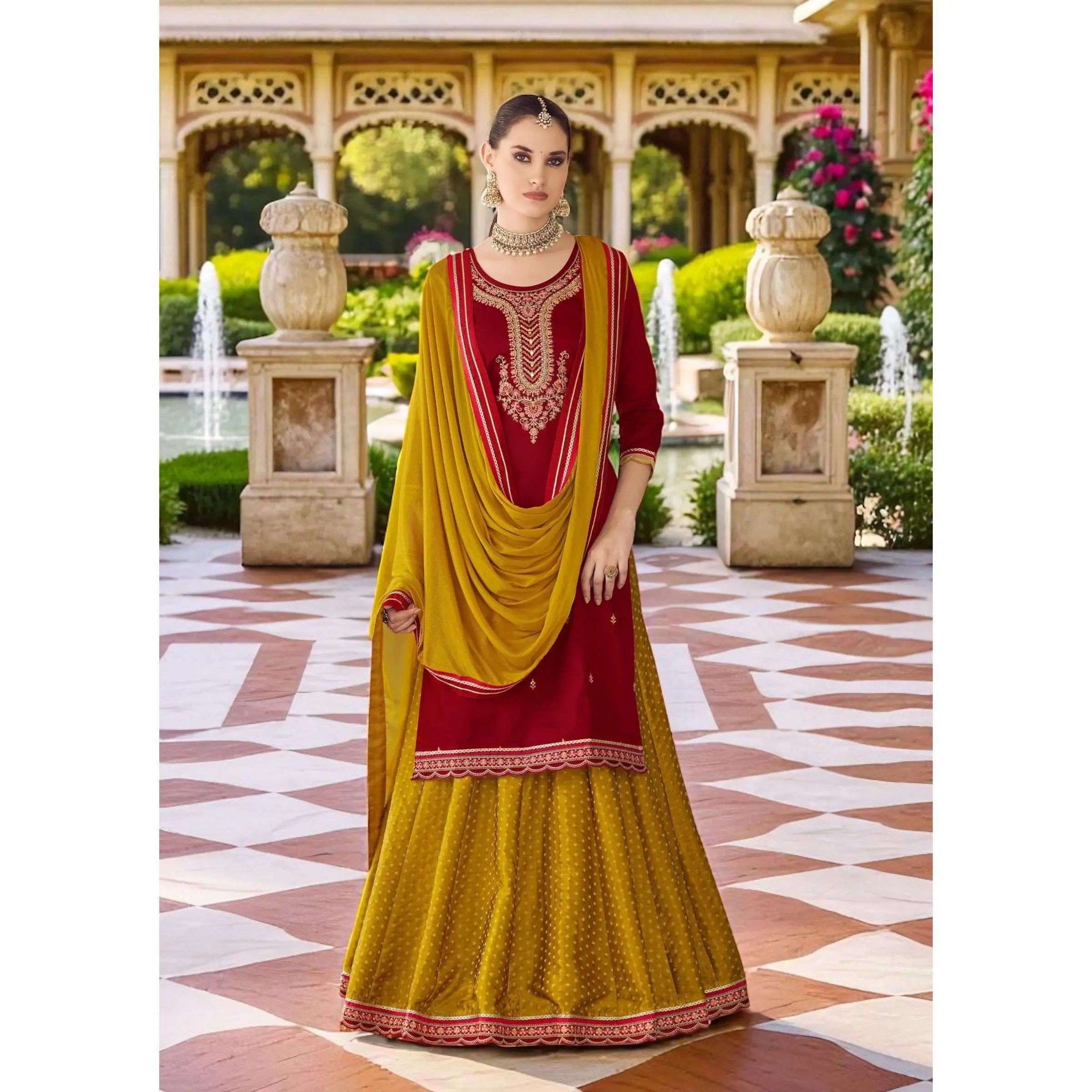 Maroon : Modal silk Kurti with banarasi skirt