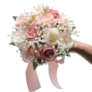 Wedding Bouquet for Bride, Champagne Artificial Roses, Elegant Bridesmaid Holding Flowers for Wedding and Party Decorations