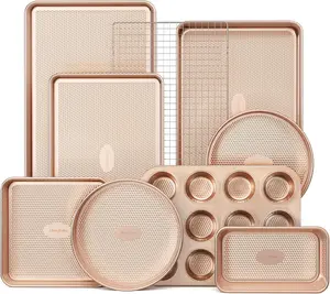 HONGBAKE 7-Piece Baking Pans Set Nonstick, Stackable Non Toxic Bakeware Sets with Diamond Texture, Oven Pan Set for Cooking, Includes Cookie Sheet with Rack, Cake Pan, Roasting Pan, Muffin Tin, Gold