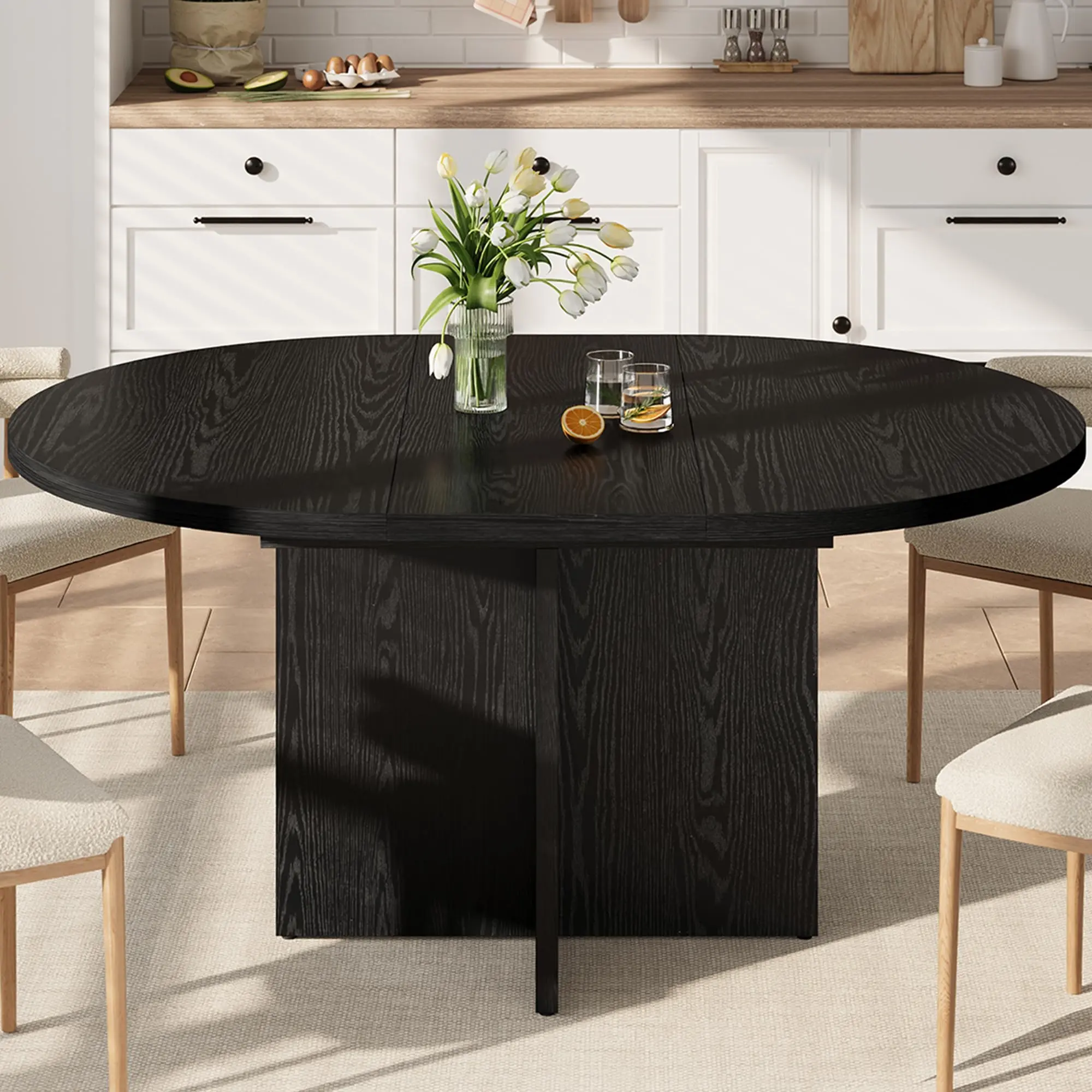 43.3in-59in Extendable Black Round Dining Table for 4-8, Space Saving Kitchen Table with Removable Leaves, Oval Dinner Table for Dining Room, Kitchen, Living Room