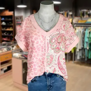 Cherrybetty Contrast Leopard Floral Print V-Neck T-Shirt Vintage Womenswear Streetwear Shortsleeve Top summerwins