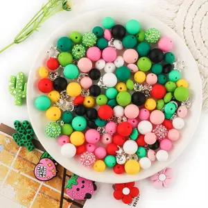 Fruit & Plant Pattern Silicone Bead, 55pcs/set 15mm Round Bead, DIY Jewelry Making Supplies, Beads Charms Accessories for Bracelet Necklace Earrings Pendant