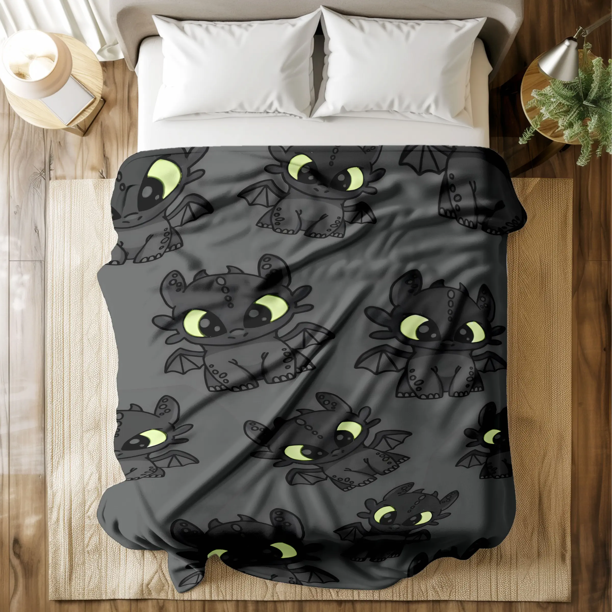 Toothless (How to Train Your Dragon) Printed Bedroom Blanket, Soft Fluffy Blanket, with Cute Glowing-Eye Pattern, Skin-friendly, Quick-Drying, Machine Washable, Multi-Size for Bed, Sofa & Office Naps, Ideal Gift, Blanket Gifts