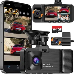 4K UHD 3 Channel Dash Cam Front and Rear Inside, Free 64GB Card Included, 360 °   Wide-Angle Full-View Dash Camera for Cars with Night Vision, 24H Parking Mode, G-Sensor, Loop Recording, 5GHz WiFi,cars accessories