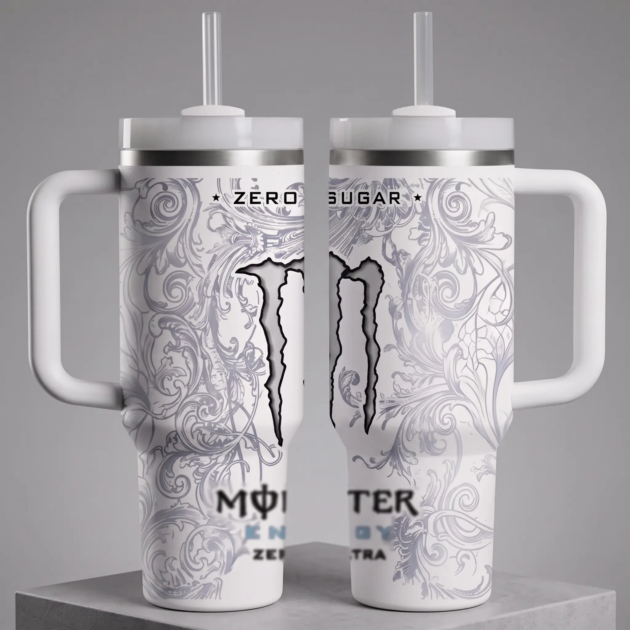 White Mons Energy Drink Tumbler with Handle, Drinkware Gift, Gift for fan