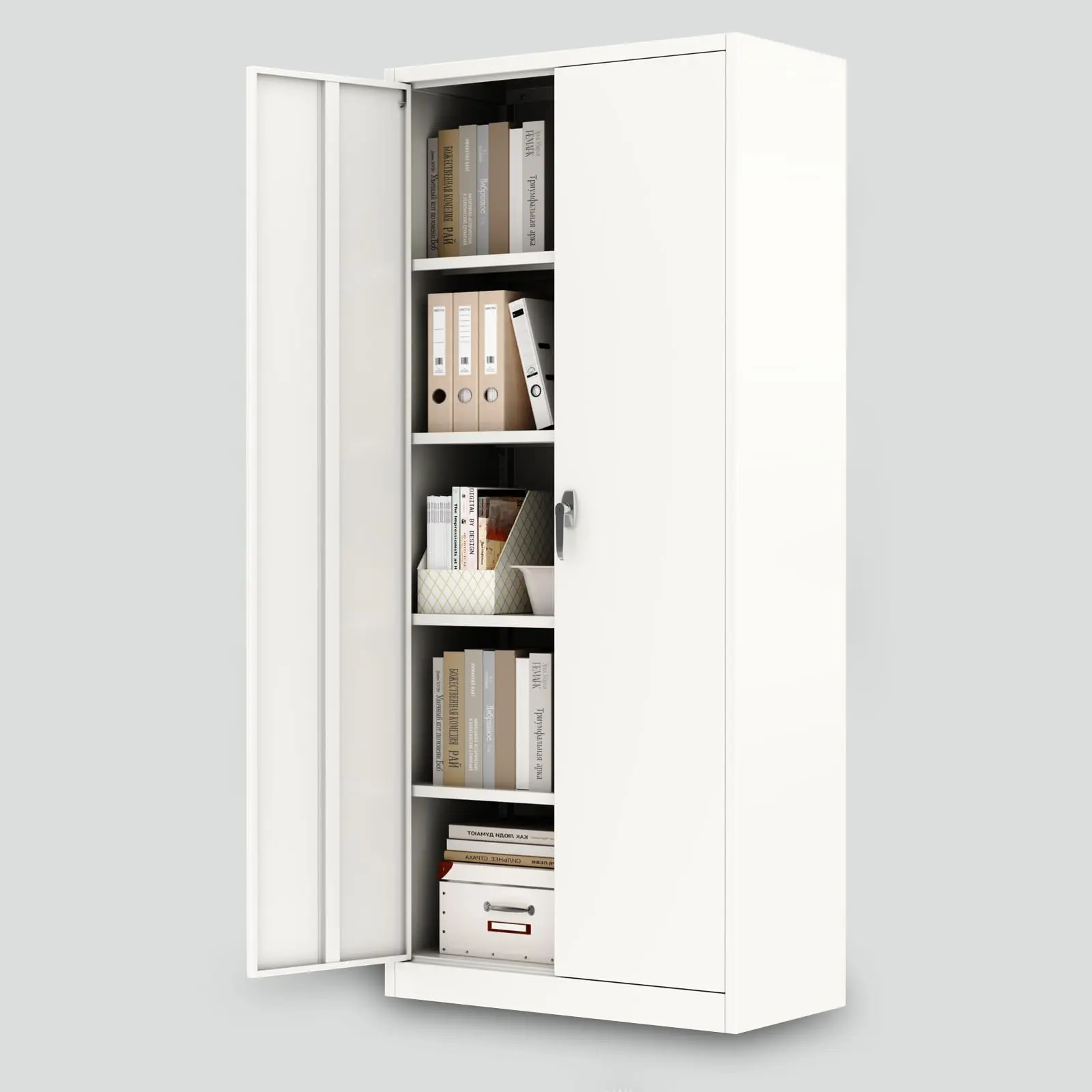 Secure & Spacious Metal Filing Cabinet – 71" Tall Storage Locker with Lock, Double Doors, 5 Adjustable Shelves – Heavy Duty Steel Organizer for Office, Home, Garage, School – White