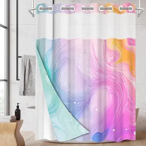 1pc hookless shower curtain with buckle lining, pink, green, and orange color fluid gradient design, 2D flat printing, fabric waterproof lining, see-through double-layer shower curtain, 71 x 74 inches, modern home draping curtain, Shower Curtain Liner