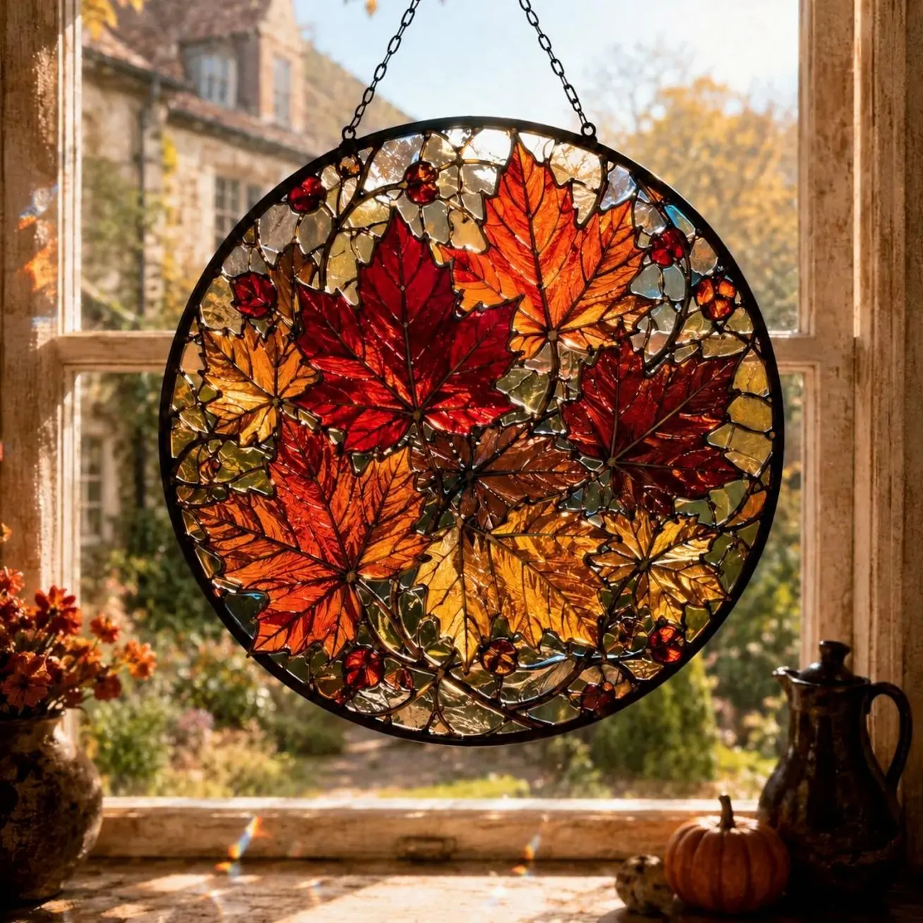 Autumn Leaf Suncatcher for Fall Lovers, Maple Leaf Window Hanging, Stained Glass Style Decor Gift