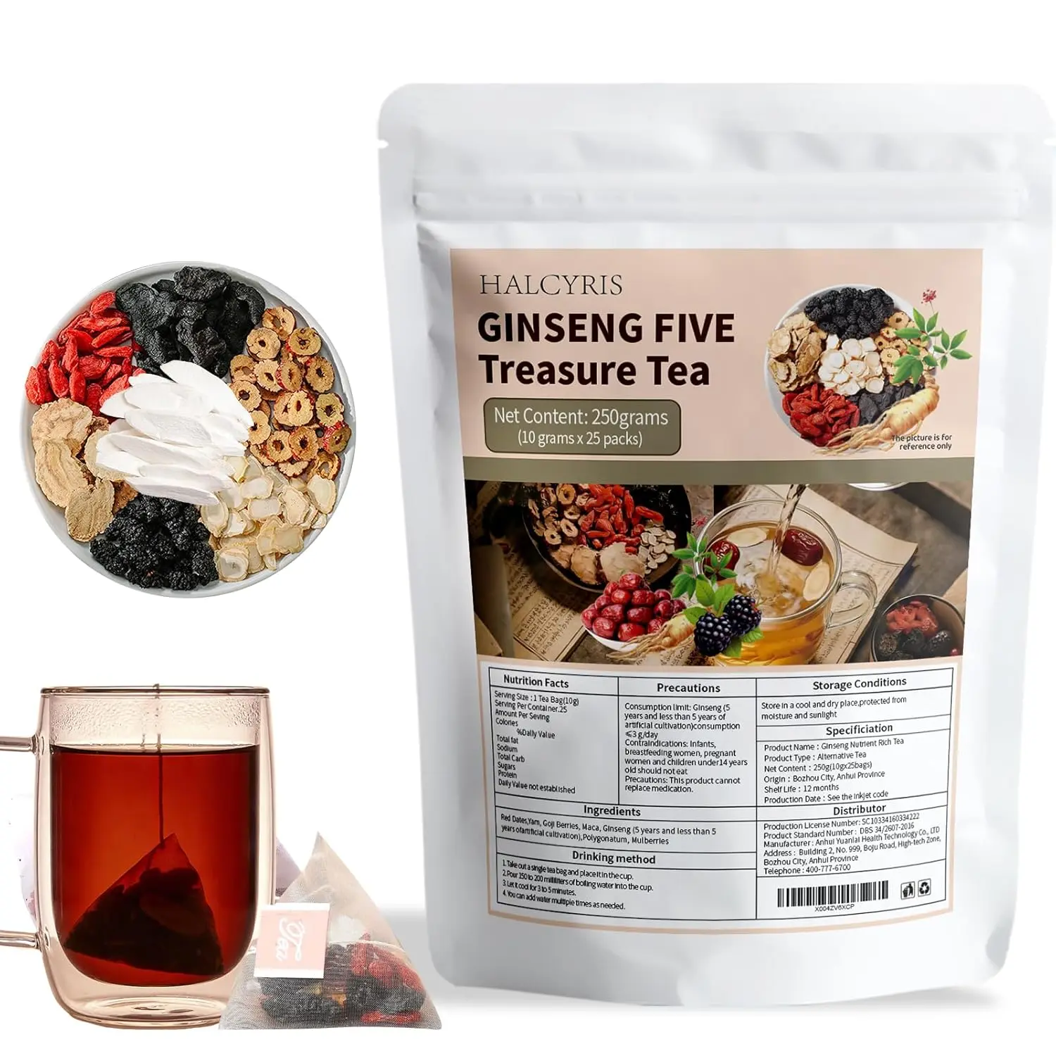 Halcyris Ginseng Five Treasures Herbal Tea Bags with Ginseng, Mulberry & Red Date, Traditional Chinese Botanical Tea, 30 Tea Bags x 5g