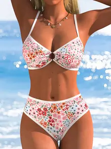 Women's Sexy Print Swimwear Set, Floral Swimsuit, Hollow Back Buckle Adjustable Straps Swimsuit, High Waist Summer Pool Party Contrast Bikini Suit