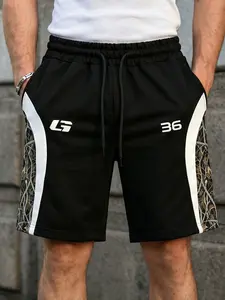 American Sports Style Patchwork Shorts, Camo Side + Edge, Digital Letter Print, Drawstring Waist, Loose Fit, Casual Streetwear
