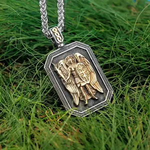 Classic Archangel Saint Michael Warrior Shield Pendant Necklace - Men's Stainless Steel Amulet