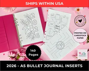 2026 A5 Full Year Bullet Journal Inserts | 140 Pre-Punched Pages | Cardstock Paper | A5 Planner Refill | BUJO Inserts | Ships Within USA