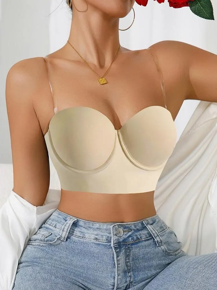 2 Pack Invisible Clear Strap Low Back Bra, Push Up Seamless Bustier, No Show for Backless Outfits Fabric Breathable Soft Adjustable