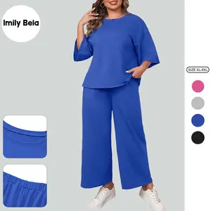 Imily Bela【1XL-5XL】Womens Plus Size 2 Piece Outfits 3/4 Sleeve Tops and Wide Leg Pants Loungewear Pajamas Sets