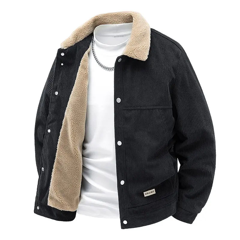 Black Shearling Faux Fur Collar Corduroy Jacket with Fleece Lining Men's Casual Warm Winter Coat, Piece, ClosetEssential, MustHaveBasics, ComfortableFit, EverydayEssential, SmartCasual, AthleisureFit