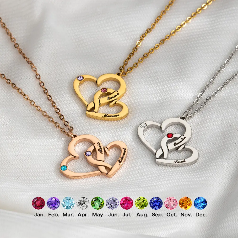 Custom Interlocking Name Necklace for Couples, Stainless Steel Pendant with Birthstone, Steel Color Chain Jewelry for Daily Wear, Chain Jewelry Necklaces, Creative Name Necklace