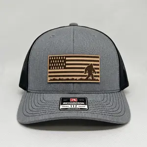 Bigfoot American Flag Leather Patch Hat, Sasquatch Pine Tree Flag Richardson 112 Trucker Cap, Outdoor Adventure Nature Lover Gift