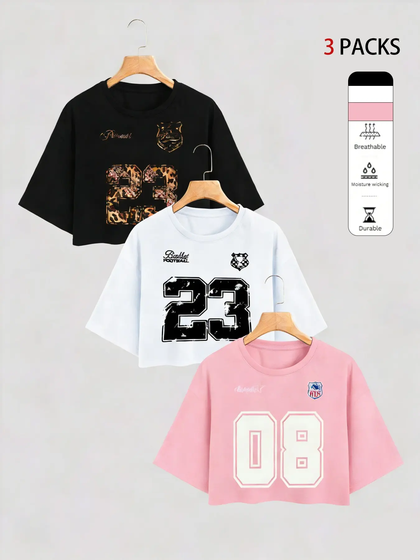 Women's 3-Pack Number Print Cropped Top, Womenswear, Casual Streetwear Sporty Loose Fit Design, Skin-Friendly Material, Fabric, Various Prints Including Leopard 23 & Distressed 23