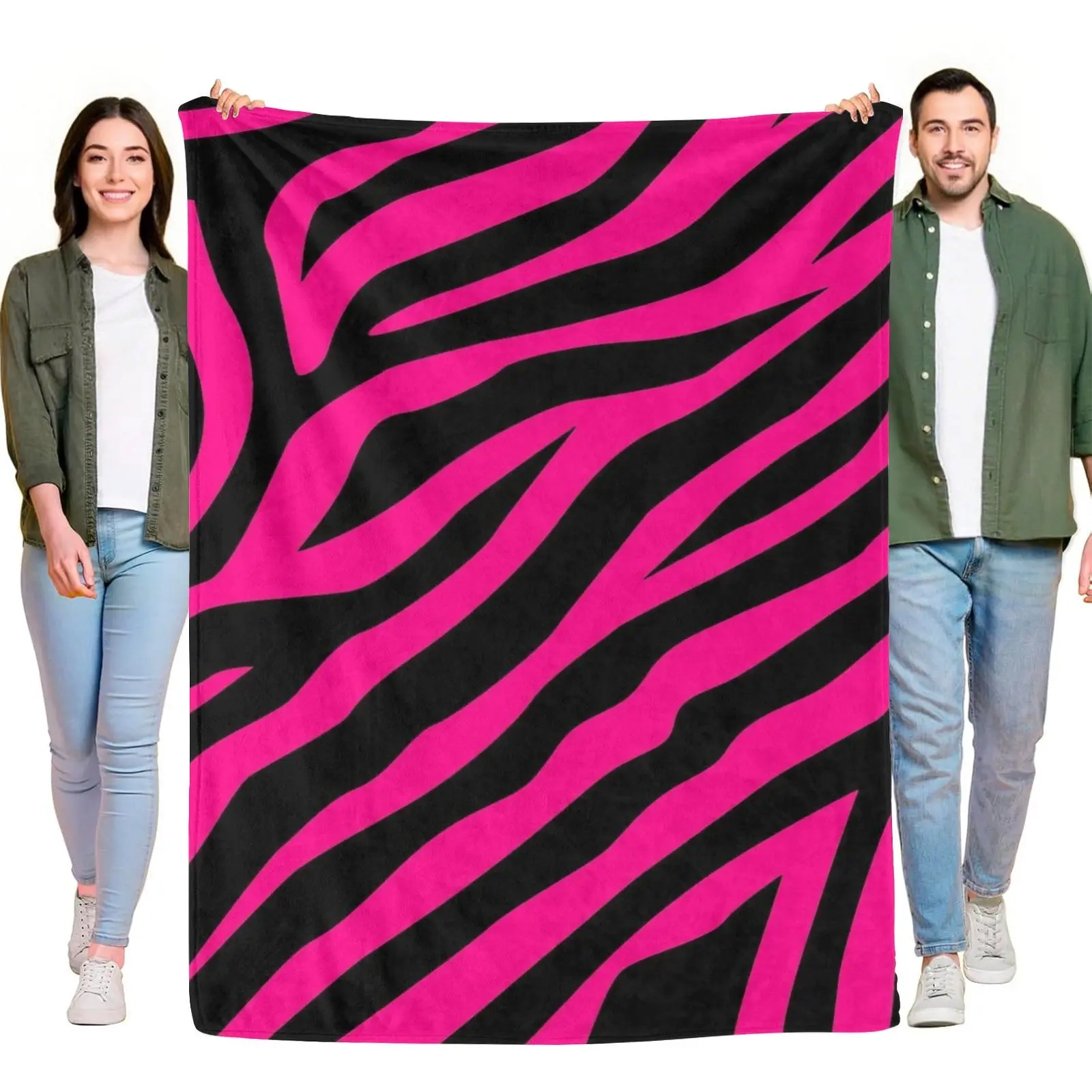 Hot Pink & Black Zebra Stripes Seamless Animal Pattern Multi-Size Neon Brights Soft Flannel Throw Blanket - Home Decor, Bedroom Decor for Trendy Aesthetic Teens, Throw Blankets