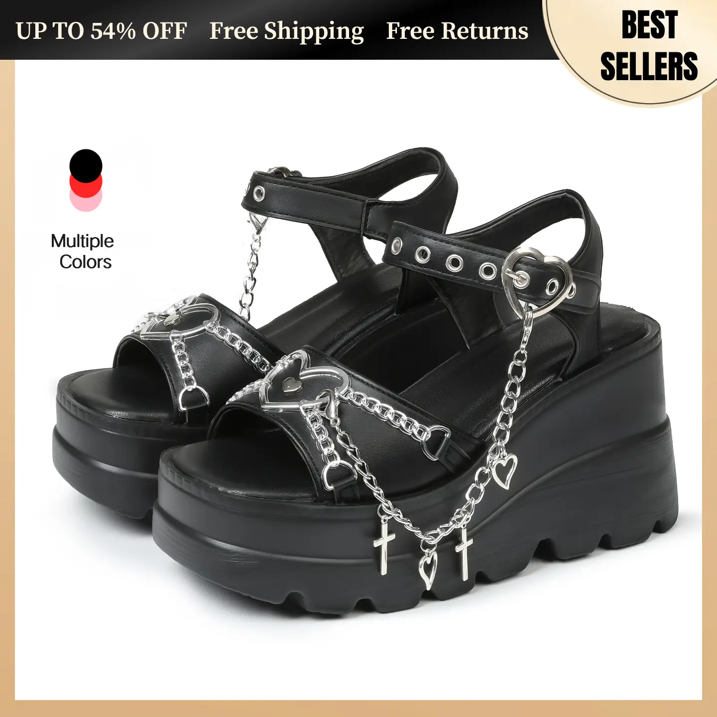 Summer Platform Sandals For Women Sweet Gothic Punk Heart Chain Buckle Comfort Square Toe High Slop Heel Wedge Sandals