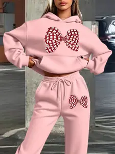 Women's Hooded Sweatshirt Set, Autumn Winter Plaid Bow Print, Sweet Casual Style, High Definition Printing, Multi-Scene Wear