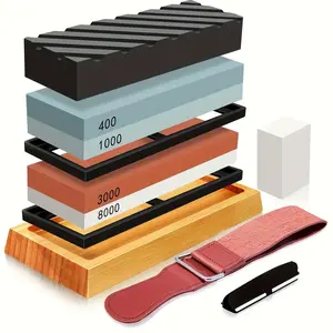 1 Set Whetstone Set, 4-side Grit:400/1000/3000/8000, Professional.Includes Non-slip Bamboo Base, LeatherCord, Flattening Stone, And Angle Guide