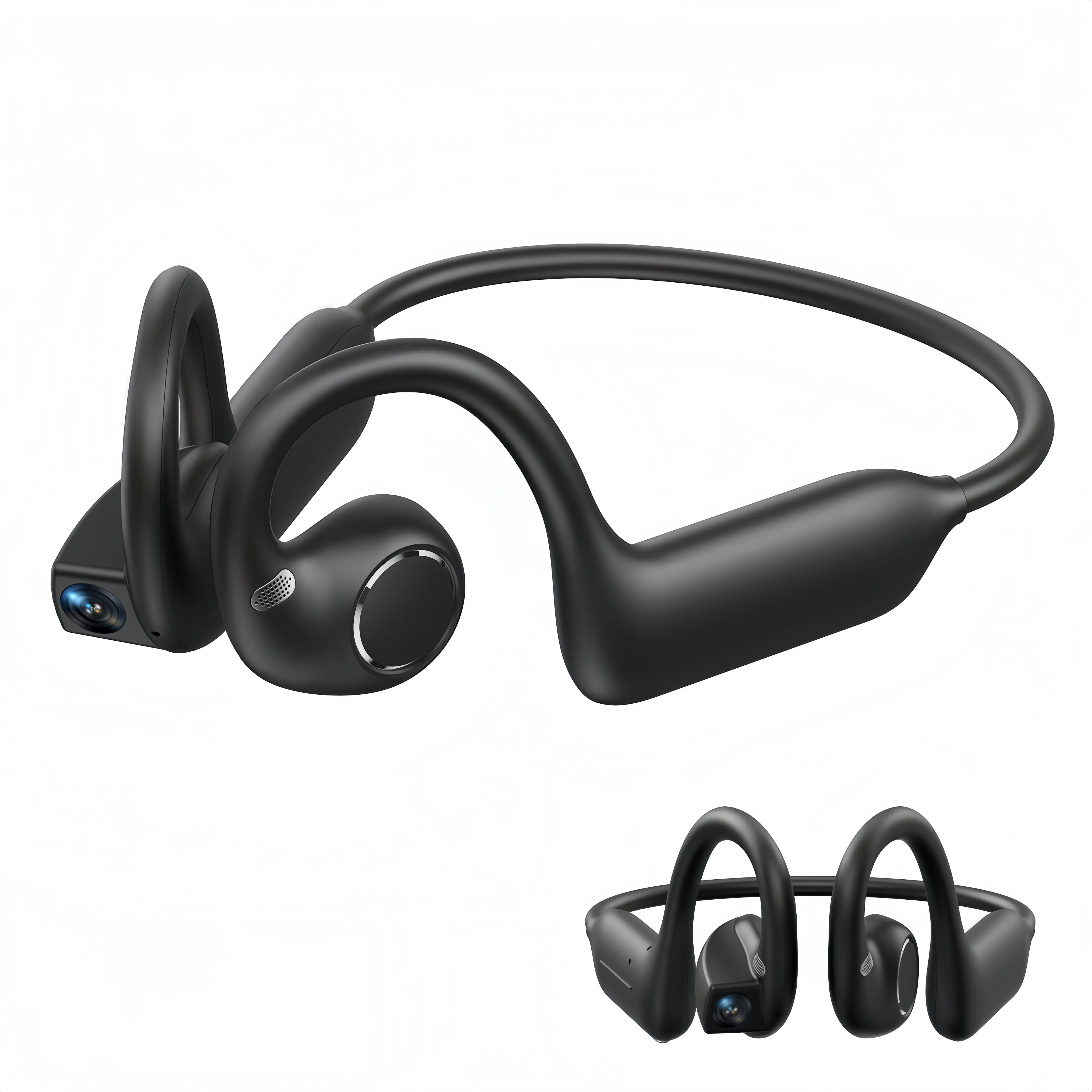 E12 AI smart shooting open‑ear Bluetooth earbuds, ear‑hook first‑person video recording, 8 MP, EIS stabilization, 1080p video, OpenAI object recognition, AI real‑time translation and voice recording, sports wireless Bluetooth earphones for clear calls and