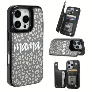 Creative Gray Leopard Pattern Leather Card Holder Phone Case, Suitable for iPhone 17 Air/16 Plus/15 Pro Max/14 Pro/13/12/11/XS Max/X Phone Case, Perfect Gift for Thanksgiving and Christmas for Family, Friends, Lovers, Boyfriend, Girlfriend