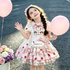 Girls’ strawberry print tiered ruffle dress, lace trim princess party gown with bow accent for toddlers outdoorfun