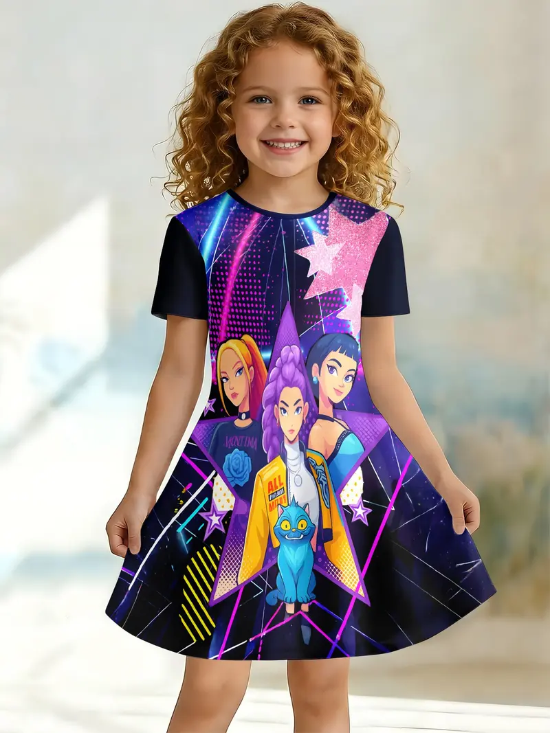 Girls' Cartoon Anime Graphic Print Dress, Neon Short Sleeve Princess Dress, Asymmetrical Design, Knee Length, Casual Fitted One-Piece - TikTok Shop Girls' Cartoon Anime Graphic Print Dress, Neon Short Sleeve Princess Dress, Asymmetrical Design, Knee Length, Casual Fitted One-Piece - TikTok Shop