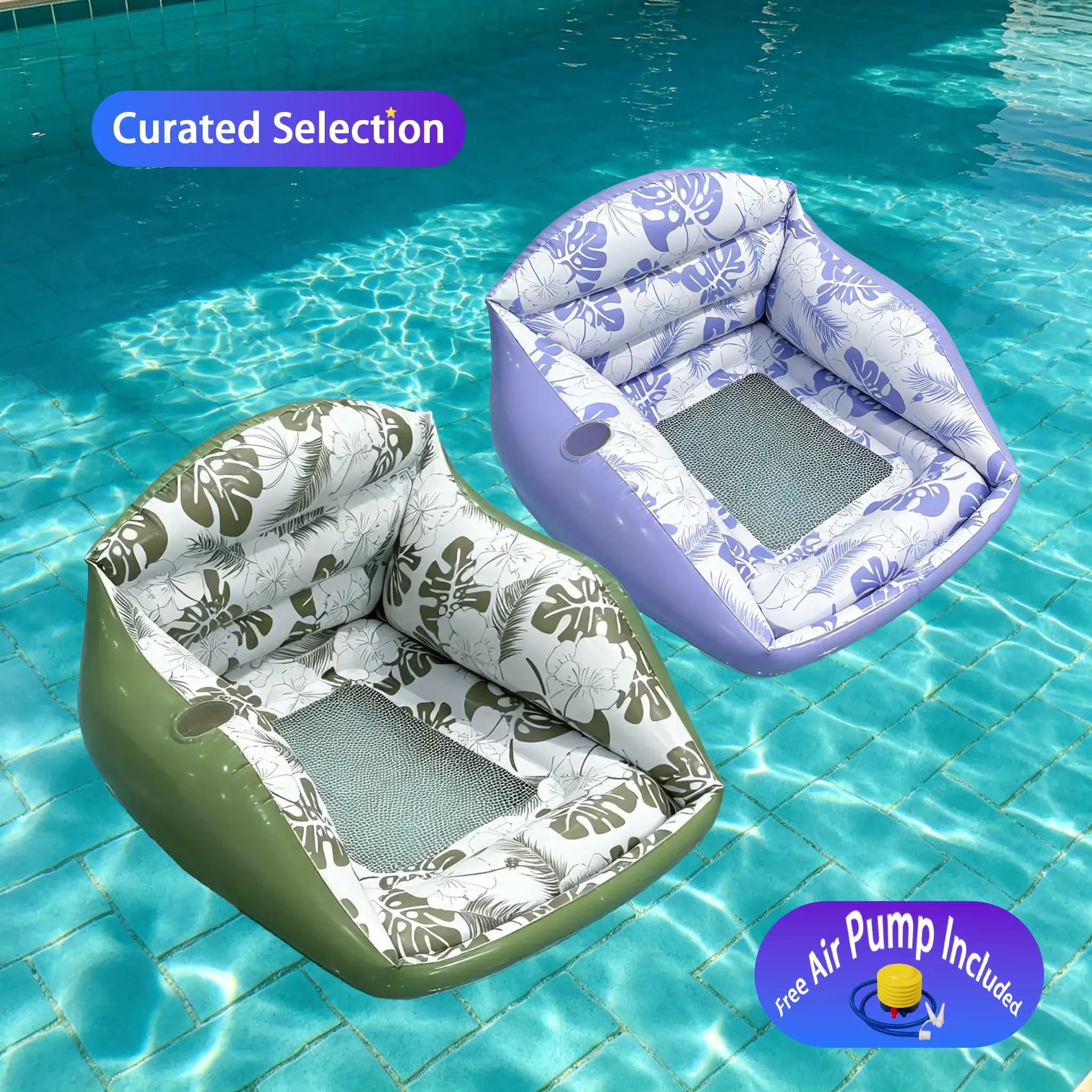 Tropical Inflatable Water Sofa – Floating Lounge Chair with Cup Holder, Oversized Pool Float for Adults, Ideal for Beach, Lake, Pool Parties & Summer Relaxation