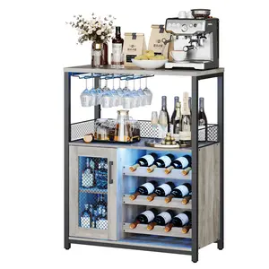 OP-Garvee Wine Bar Cabinet with Detachable Wine Rack, Glass Holder, Storage and Small Sideboard, Coffee Bar Buffet Cabinet with Mesh Door for Kitchen, Living Room, Pantry Light Vanity Set Mirror Mobile Standing Desk Wheels LED Dresser Top