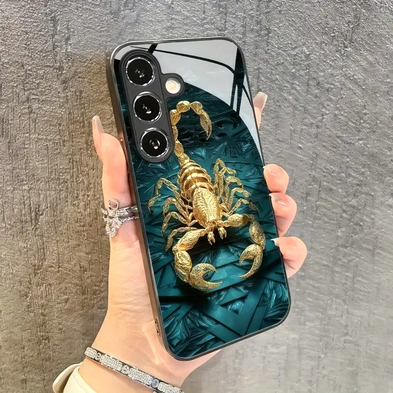 Fashion Golden Scorpion Pattern Glass Smartphone Case - Protective Cellphone Cover for Samsung S26 S25 S24 S23 S22Pro S21 S20 Fe Plus Ultra Pro A56 A55 A54 A53 A52 A51 A36 A35 A34 A32 A26 A25 A24 A23 A16 A15 A14 A06 A05 A03s, Black Phone Accessory