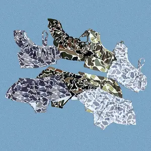 Kids Girls  Summer Play Suit Camouflage Print 2 Piece Bikini Swimsuits Beach Outfit ,Vacation ,Pool Day,Quick-dry