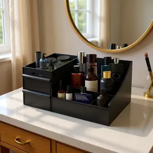 Luxury Black Vanity Organizer Set for Him - 3-Tier Display with Drawers for Cologne, Watches, Skincare - Ultimate Bathroom & Dresser Top Gift Box
