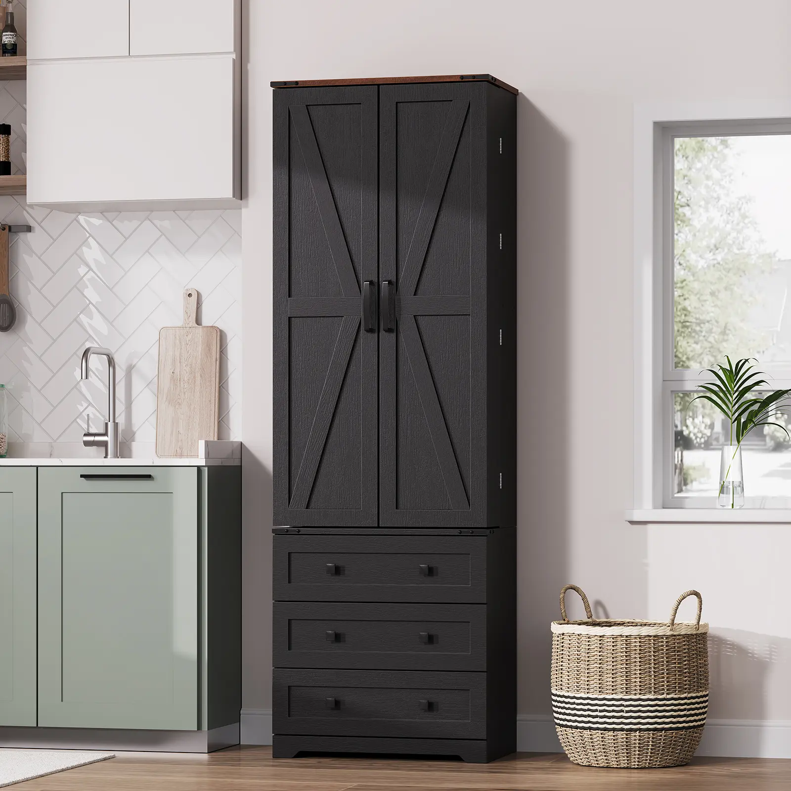 72" Tall Pantry Storage Cabinet – Freestanding Wood Cupboard with 2 Barn Doors, 3 Drawers, Adjustable Shelves, Versatile Storage for Dining Room, Bathroom, Living Room