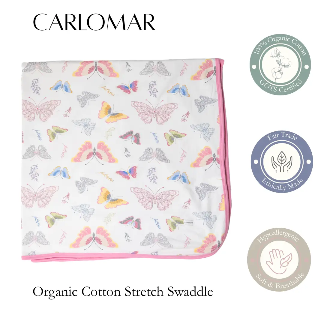 CARLOMAR Organic Cotton Stretch Butterfly Swaddle Blanket