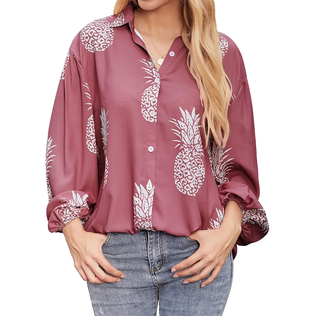 ZXZY Women's Flowy Pineapple Print Button Down Shirt Vacation Blouse
