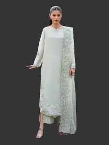 Lady's Pakistani Elegant Silk 3-Piece Stitched Dress, Clothes with Embroidery and Sequins Work, Matching Organza Shirt