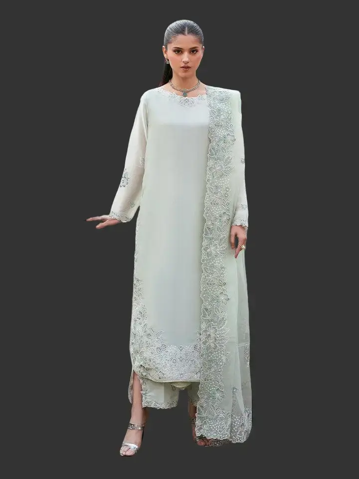 Women's Pakistani 3-Piece Elegant Outfits - Metallic Silk Shirt, Palazzo Pants, Stitched Organza Dupatta with Sequined Embroidery, Sequin Sparkle Wedding Wear 3-Piece Set Asian Clothes Womenswear Matching Matching Salwar