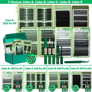 2522/650/640 Pcs Lash Clusters Kit, Eyelash Extensions, D Curl Mixed Length 14 Styles Bottom/Spike/Wispy/Volume Lashes, Kit with Bond&Seal Tweezers, Perfect for Beginners&Proficient, DIY at Home Easily, Easy Apply for Makeup Daily