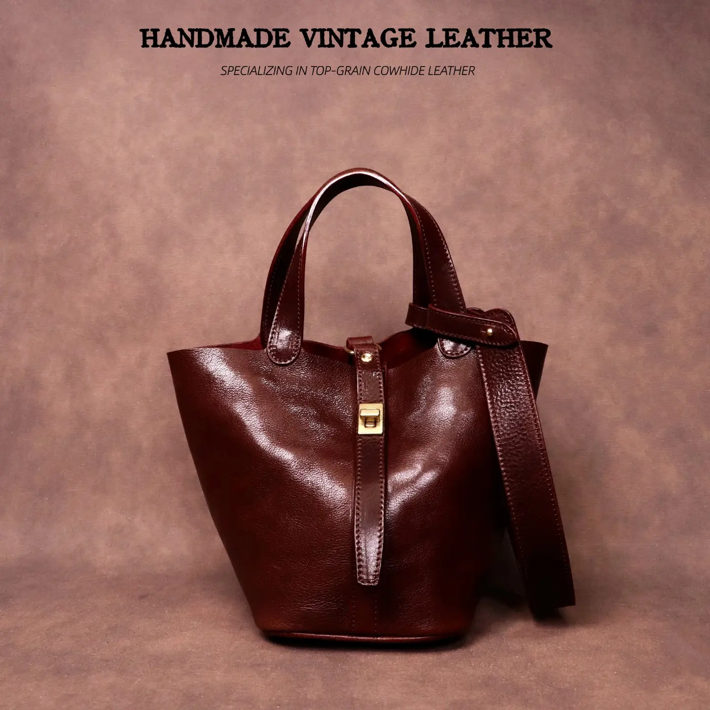 Mini Vintage Genuine Cowhide Tote Handbag, Adjustable Detachable Shoulder Strap, 2-Way Single Shoulder & Crossbody Vegetable Tanned Leather Bucket Purse, 3 Retro Colors