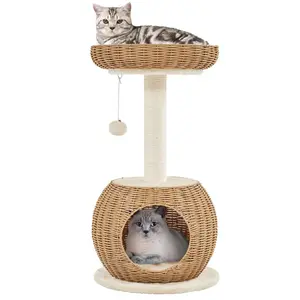 Yaheetech Cat Tree, 29.5″ Rattan Cat Climbing Tower with Scratching Post, Woven Rattan Cat Condo with Soft Cushion for Indoor Kittens