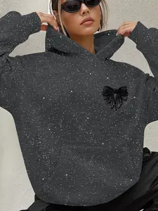 Autumn Winter Fashion Sequins Knit Hoodie, Casual Fitted Long Sleeve Sweatshirt, Versatile Moderate Fabric, Trendy Women's Clothing Tops