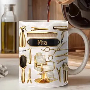 Custom Name Hairstylist 15oz Coffee Mug with Gold Barber Tools Design Washable Drinkware
