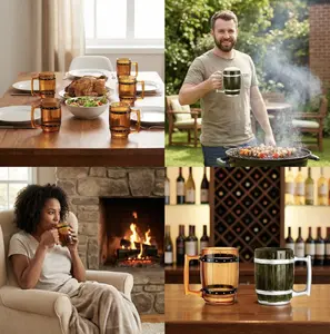 Vintage Barrel Beer Mug 12oz – Reusable Amber Glass Stein with Handle, Heavy Duty Durable Cup for Beer, Parties & Home Use